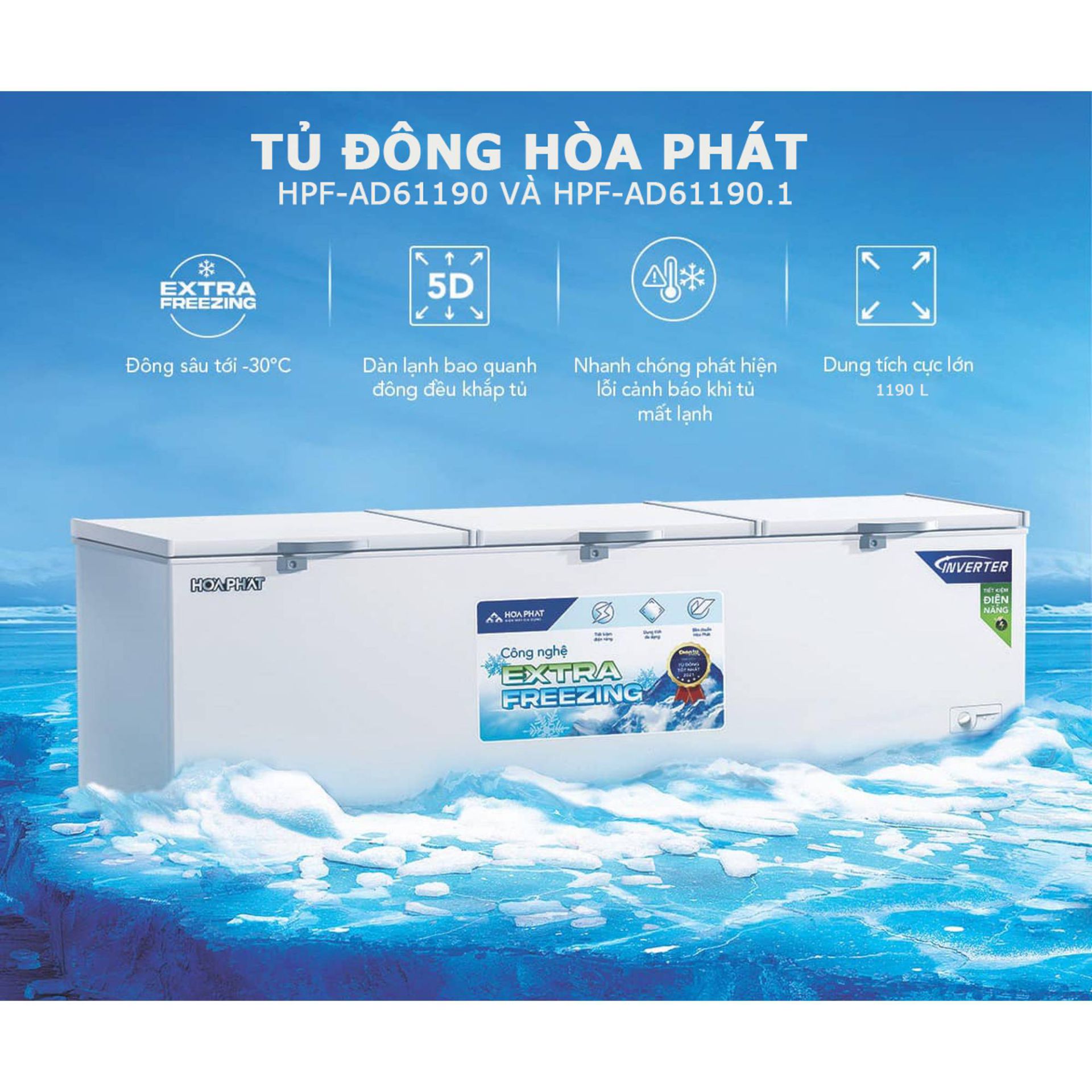 Tủ đông dung tích lớn Hòa Phát 3 cánh HPF AD61190 Dàn Đồng